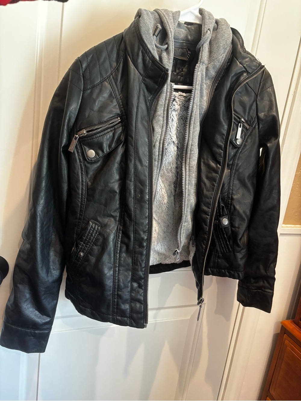 Black Faux Leather Zip Jacket with Hooded Insert